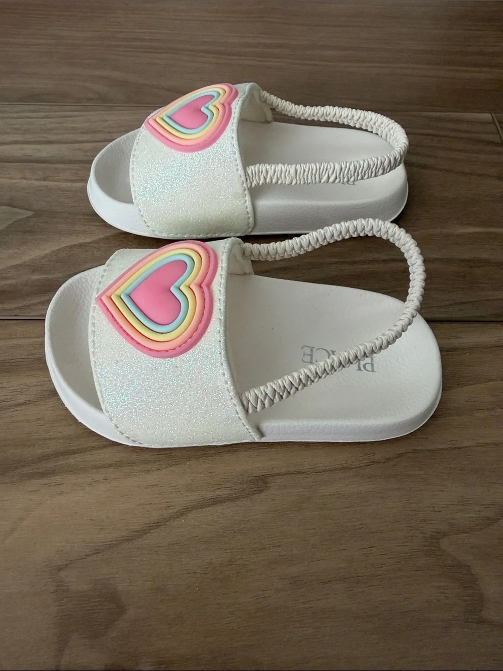 The Children's Place White Slide Sandals with Pink Rainbow Heart Accent